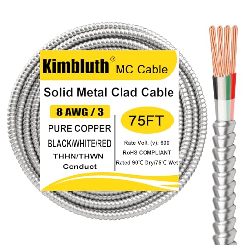 Image of 8 /3 Metal Clad (MC) Cable with Ground 75ft, 8 Gauge Electric Wire with Aluminum Armor, Solid Bare Copper Conductors for Indoor Outdoor Underground Embedded Installation (8 /3, 75 FT)