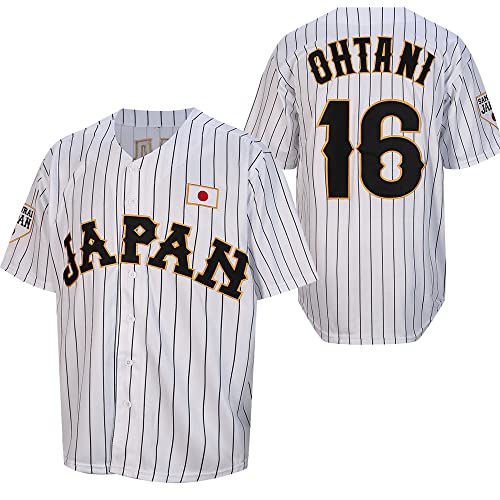 Ohtani Maillot de baseball japonais cousu 16 # pour homme Blanc/noir à rayures fines (Blanc, L)