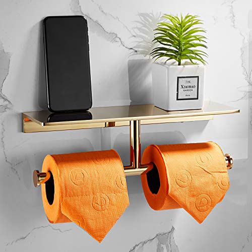 Double Roll Toilet Paper Holder With Shelf Solid Brass And Superior Hotel Style Tissue Dispenser Spared Storage Polished Gold Finish #TOP6