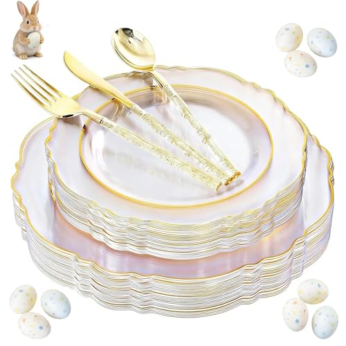 Liacere 150PCS Clear Gold Plastic Plates - Disposable Plastic Silverware