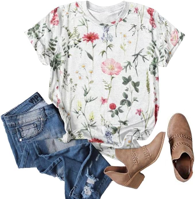 Vintage Wildflowers Graphic Shirt Women's Casual Holiday Short Sleeved T-Shirt Boho Floral Printed Tee Fall Tops
