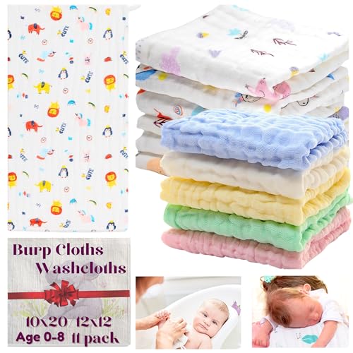 Baby Muslin Washcloths Burp Cloths Rags Towels Large Newborn Essentials Baby Registry Search 100% Cotton 6 Layered Muslin 11 Pack 10"x20" and 12"x12" for Boys &amp; Girls Gift Set