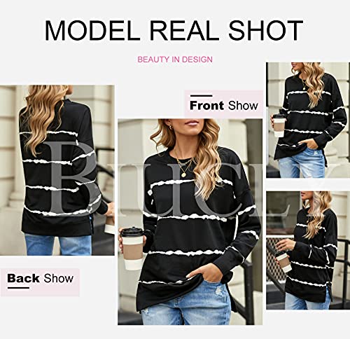 Shewin Womens Casual Striped Crewneck Sweatshirt Loose Long Sleeve Shirts Lightweight Soft 2023 Fall Fashion Pullover Tops Oversized Sweatshirts For Women,Us 8-10(M),Black #TOP2