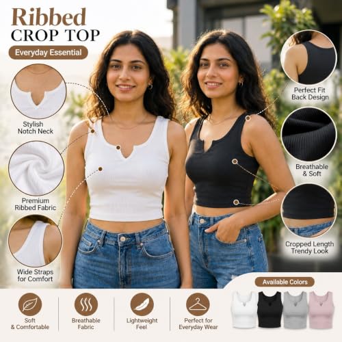 Image of Women's Ribbed Tank Top Pack of 2 Sleeveless Notch V-Neck Fitted Stretchable Crop Top Combo for Casual Wear, Gym, Layering, Summer Fashion (White & Black).