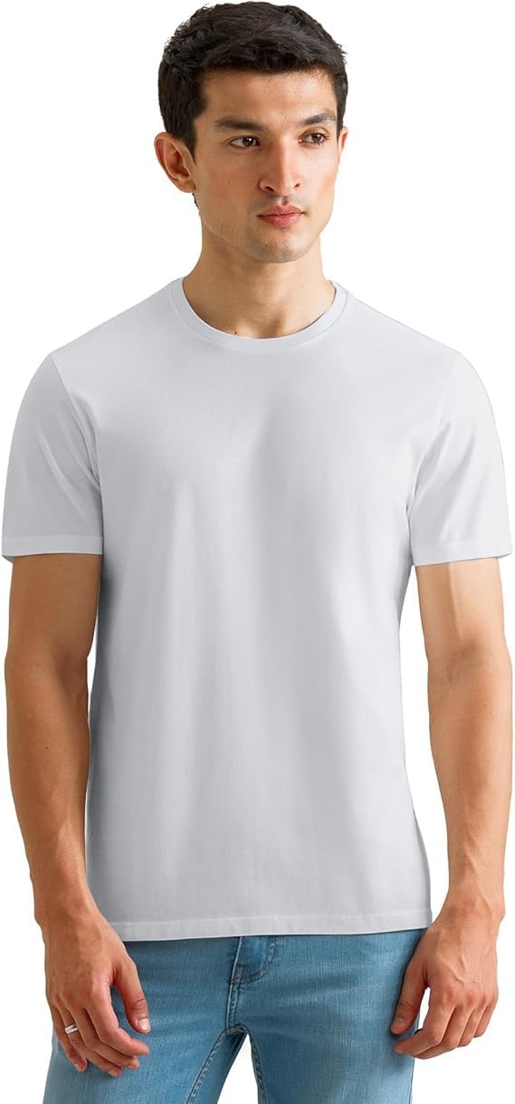Mens White Premium Cotton Stretch T-Shirt, Smart Fit, Crew Neck, Half Sleeves, Anti-Pilling, Soft and Breathable Casual Essential Tee (UK, Alpha, M, Regular, Regular, White)