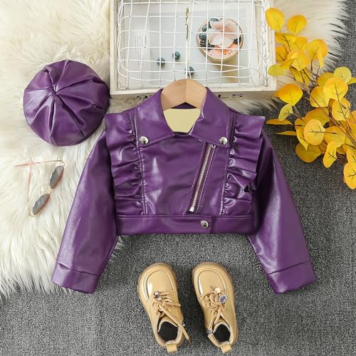 Toddler Girls Faux Leather Motorcycle Jacket Cute Ruffle Spring Fall PU Coat and Hat 2 to 7 Years Top Runaways Purple3