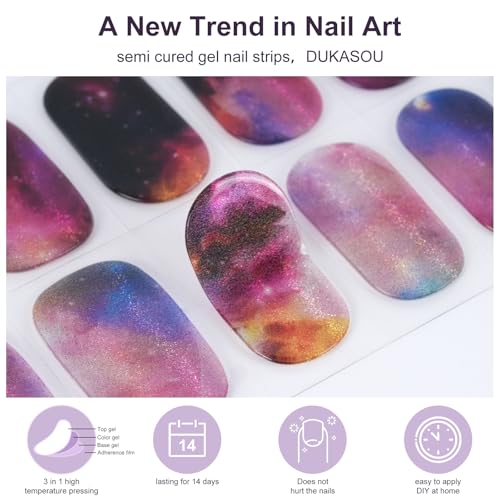 Semi Cured Gel Nail Strips, 28 pcs Gel Nails Stickers for Women Work with Any UV Lamp, Long Lasting UV Gel Nail Strips for Home DIY Nails Art (Smudge Starry Sky)