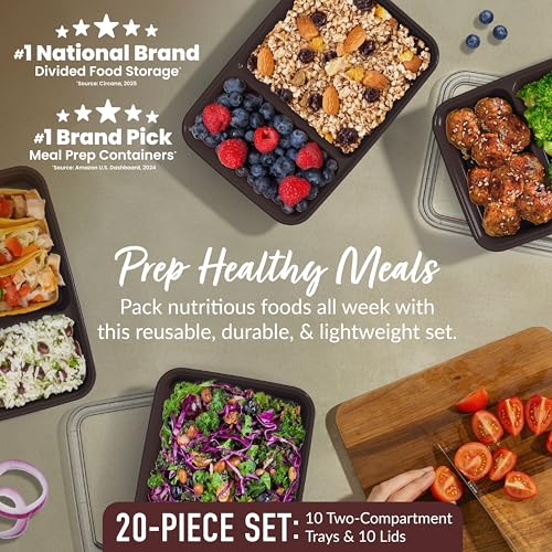 Image of Bentgo Prep 2-Compartment Meal Prep Containers with Lids, 20 Piece Set