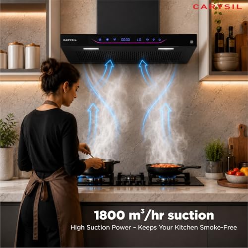 Image of Carysil AeroSync SilentX 90 cm BLDC Motor Kitchen Chimney, T-Shape, 1800 m /hr Suction, Auto-Clean Filterless, 9+ Turbo & Gesture Control, LED Lamp, 12-Year Warranty - Black