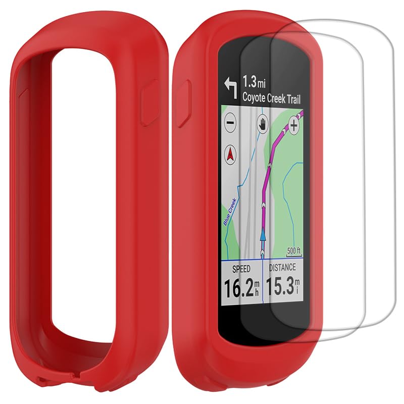Buoluoioir Funda para Garmin Edge Explore 2 + 2 Películas, Funda de Silicona Suave Antigolpes para GPS Bicicleta Ciclismo Touring, Protección Completa de Carcasa para Garmin Edge Explore 2, Rojo