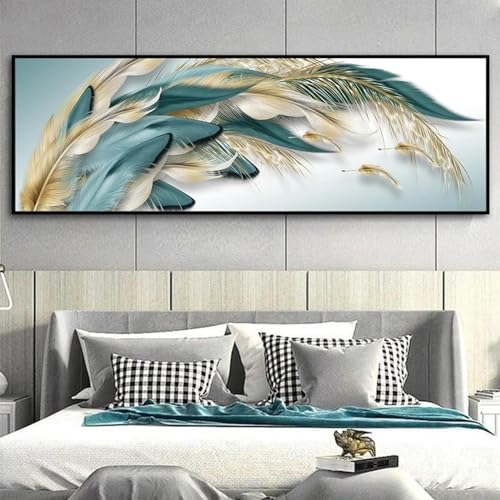 Art mural toile pour salon moderne peinture plume abstraite or et vert avec cadre