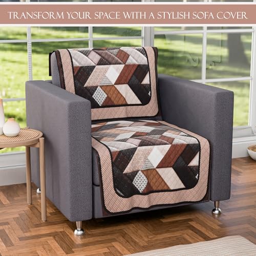 Image of Kuber Industries Set of 10 Velvet Anti-Skid Sofa Cover 5-Seater | Comfortable Slipcover Sofa Cloth & Furniture Protector for Home Decor | Triangular-Cream & Brown