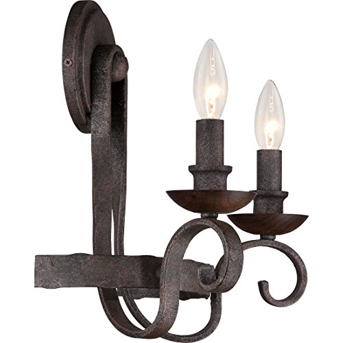 Image of Quoizel Noble 14 inch Traditional Wall Sconce, Rustic Black | 2-Light, Solid Wood Accents, Old World European Style, E12 Bulb