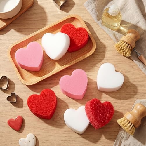 Image of Tioncy 12 Pack Heart Kitchen Sponges Bulk Dual Sided Scrubber Sponges Dishwashing White Pink Kitchen Cleaning Accessories for Household Supplies