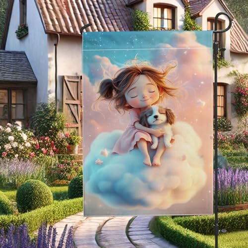 Niedliche Wolkenhund-Gartenflagge, Pastellblau und Pfirsich, Heimdekoration, Banner, doppelseitige Rasendekoration für Sommer, Kinderzimmer und Tierliebhaber, 30,5 x 45,7 cm