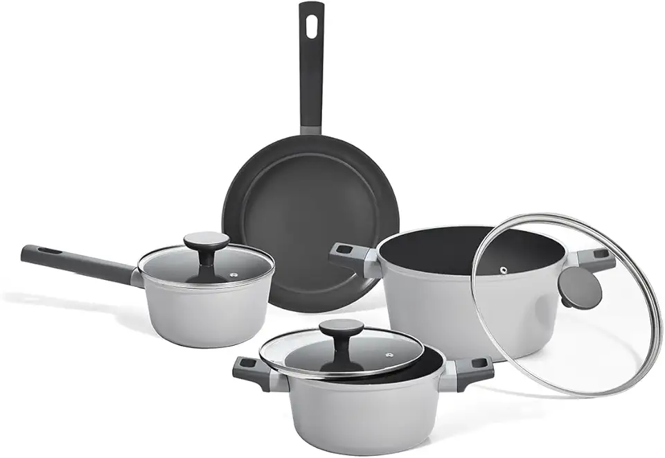Oikos - Jogo com 4 Panelas Antiaderentes de Revestimento Cerâmico para Fogão por Indução, a Gás, Elétrico e Vitrocerâmico Cor Cinza Mou Trufa