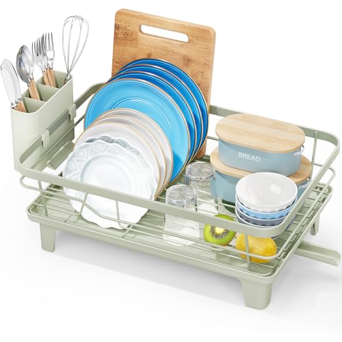 Escurridor de Platos, Escurreplatos con Soporte para Utensilios Extraíble, Escurreplatos de Cocina para Fregadero con Tabla de Escurrir con Pies Elevados, Escurreplatos de Gran Capacidad, Verde Blanco