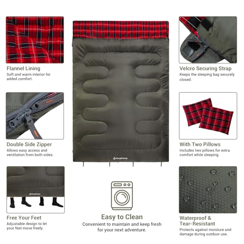 Image of KingCamp Double Sleeping Bag for Adults, Queen Size 2 Person XXL Flannel Sleeping Bag, Waterproof Lightweight Flannel Quilt with 2 Pillows, Perfect for Couples Family Camping Hiking