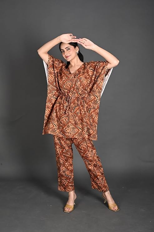 Image of Vlazom Women's 100% Cotton Printed Kaftan & Pyjama Set - Combo Pack of 2 | Free Size Nightwear with Pocket | Soft Cotton Loungewear Co-ord for Women