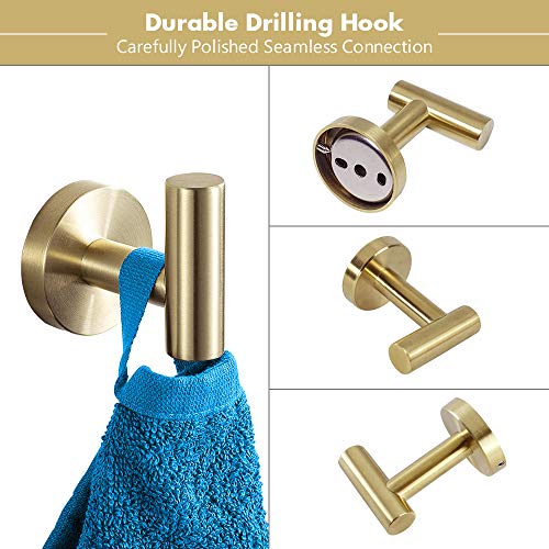 Tocten 5 Pcs Bathroom Hardware Set Sus304 Stainless Steel-Towel Rack Set Include Lengthen Hand Towel Bar+Toilet Paper Holder+3 Robe Towel Hooks Bathroom Accessories Towel Bar Set (Brushed Gold, 16In) #TOP3