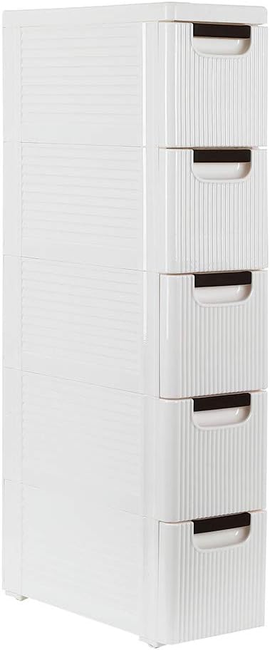 Narrow Slim Storage Cart and Organizer, Kitchen Storage Cabinet Unit Beside Fridge Small Plastic Shelf Storage with Drawers for Bathroom (5-Tire，7.5 x 16.6 x 35.83 inch,with Wheels)