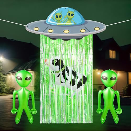 Alien Door Curtains with Tinsel Foil Fringe Curtain Alien Cow Balloon Party Decorations UFO Spacecraft Flying Saucer Spaceship Hanging Banner Backdrop for Birthday Baby Shower Wall Door Decor (Green)