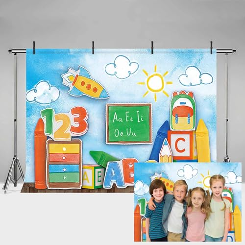 MEHOFOND Telón de fondo de 2,4 x 1,8 m para el regreso a la escuela, cielo azul, nube, blanco, ABC, pizarra para niños, escuela, fiesta, fotografía, pancarta de fondo con texto en inglés «Watch Out