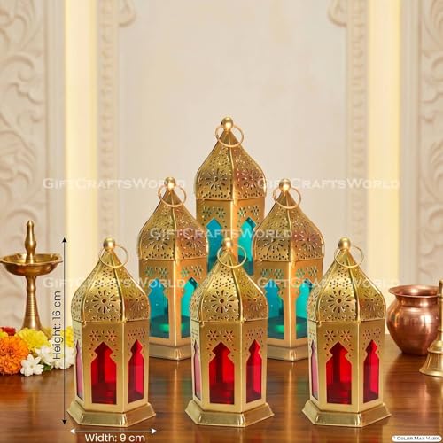 Image of Moroccan Lanterns & Candle Holders for Home Decor - Unique Diwali & Christmas Gifts (Red - Blue, Set of 6)