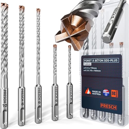 Presch Jeu de 5 Forets SDS-plus X4 - Mèches Béton Armé 4 Taillants et Indicateur de Cheville - Coffret Perforateur pour Béton, Pierre, Granit, Brique,...
