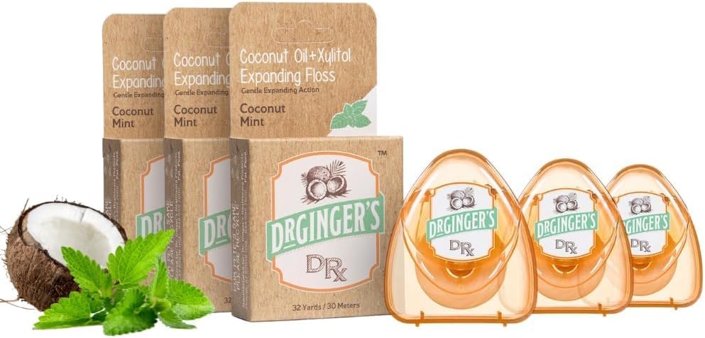 Dr. Ginger's White Charcoal Dental Floss - Expandable Floss - Mint - 32yds, 3 pcs - Tooth Floss