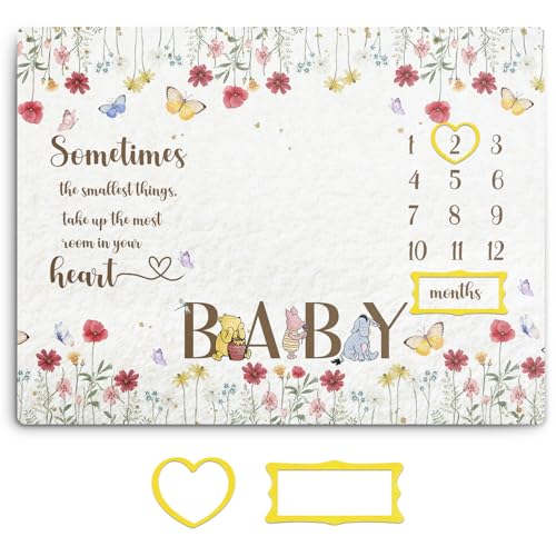 Image of Guawubiang Floral Decor Milestone Blankets for Baby, Classic Winnie Baby Monthly Milestone Blanket, Babies Growth Photo Blankets with Photo Tools, Perfect for Birthday Party