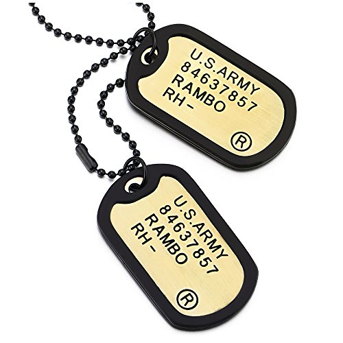 COOLSTEELANDBEYOND Two-Pieces Copper Gold Mens Military Army Dog Tag with Black Silicone Pendant Necklace, 28 in Chain