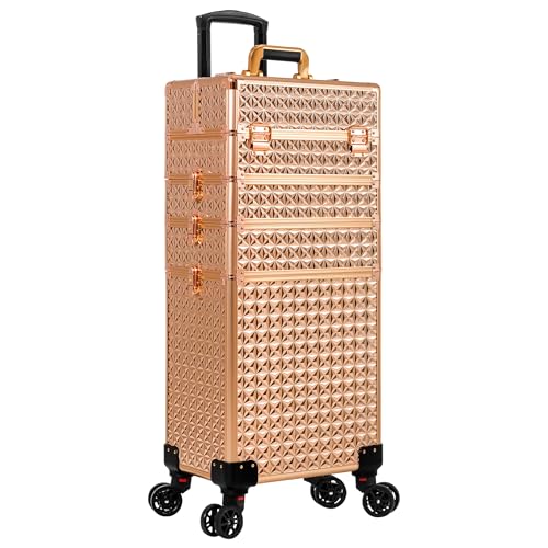 Arous Maletín profesional 5 en 1 con ruedas giratorias de aluminio, organizador de viaje de maquillaje, con ruedas giratorias de 360°, Gold, 5 en 1