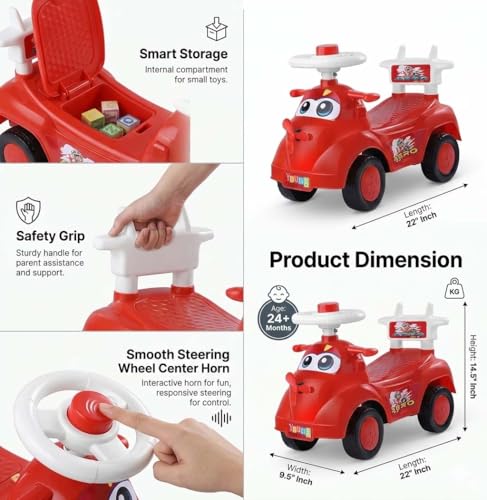 Image of Kids Ride On Red Car for Toddlers with Steering Wheel & Backrest | Foot to Floor Baby Push Car | Indoor Outdoor | Strong Wheels & Comfortable Seat | Racing Design for Boys & Girls (1-3 Years)