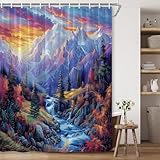 BCNEW Natural Landscape Shower Curtain Mountain Waterfall Snow Hill Fall Misty Forest River Outdoor Wonderland Polyester Fabric Bathroom Decor 70×70 Inch with Hook