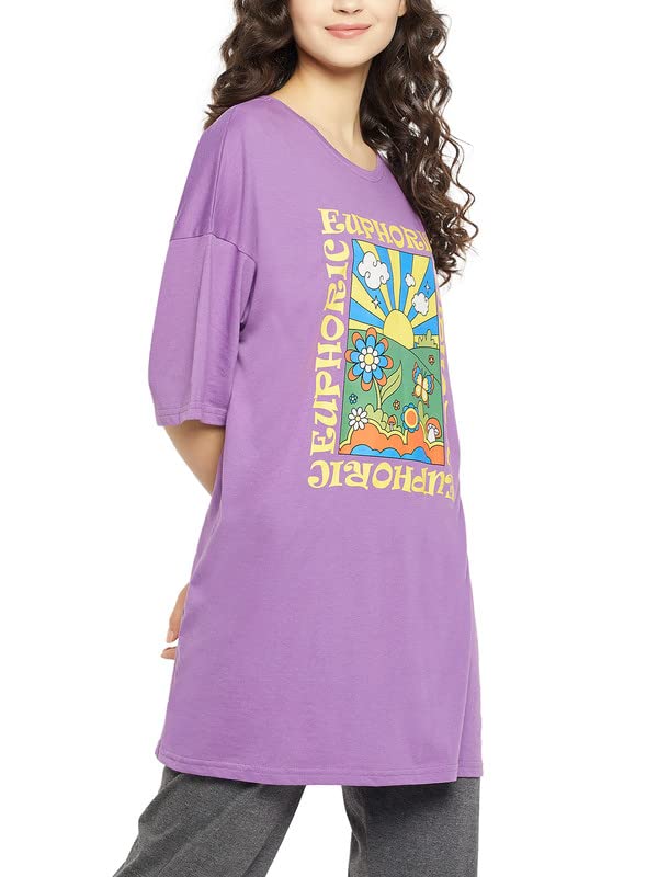 Image of Clovia Women's Cotton Graphic & Text Print Oversized T-Shirt