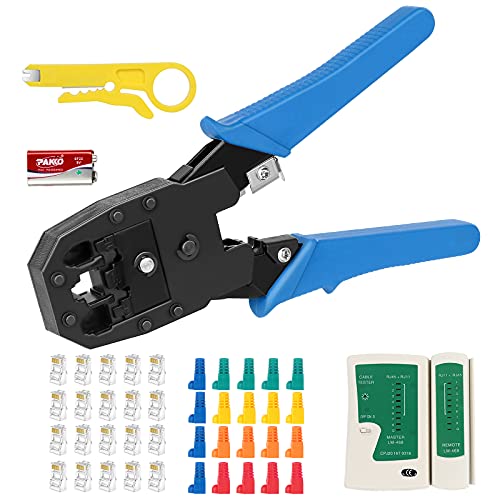 RJ45 Crimp Tool, Cat6 Cat5 Cat5e Crimp Tool Kit, RJ45 Crimp tool Kit With 20PCS Cat5 RJ45 Connectors, 20PCS Mixed Strain Relief Boots, 1 Mini Wire Stripper and 1 RJ45 Cable Tester(9V Battery Included)