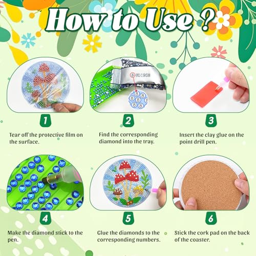 Image of ZTOTZ Diamond Art Coasters Kit with Holders, Mushroom Diamond Painting Coaster Kit for Drinks,DIY 5D Diamonds Dot Coasters Art Supplies for Gift Table Decor(Mushroom,Flowers)