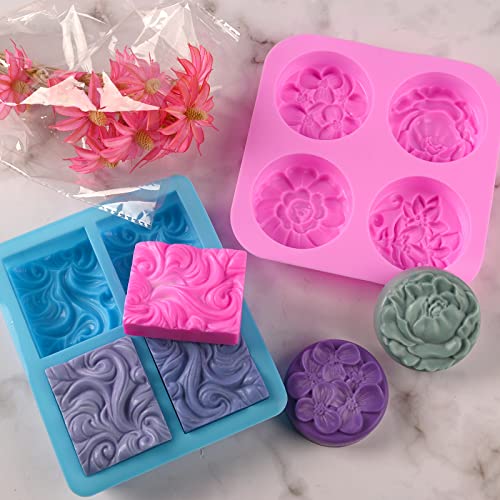 Image of Sakolla 2 Pack Silicone Soap Molds, 4 Cavities Rectangle Wave and Round Flower Silicone Molds for Handmade Soap, Candle and Mousse Cake