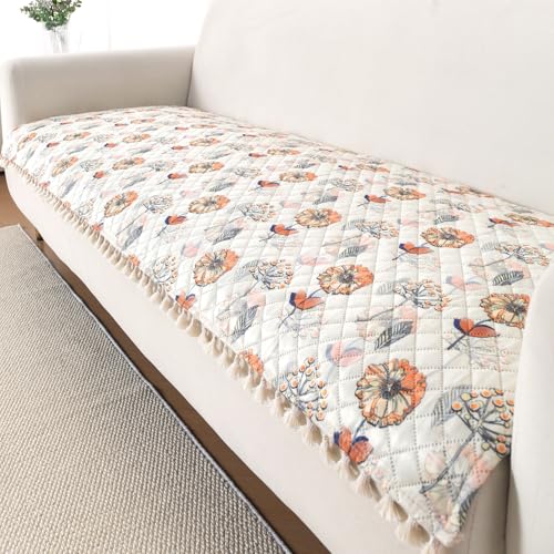 Image of HOKIPO Wildflower Breeze Quilted Sofa Cover Mat for 3 Seater Sofa with Tassels 'Tassel Twigs' Series (IN-985-T7)