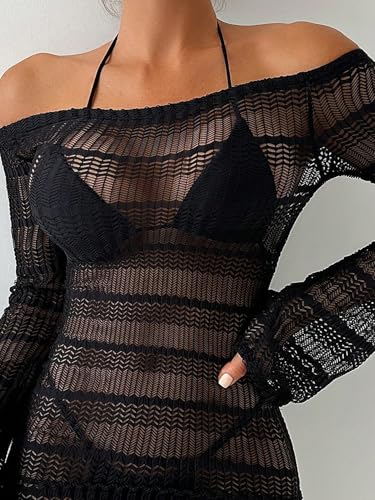 Image of ZAFUL Womens Swimsuit Cover Up Dress Off Shoulder Hollow Coverup Bathing Suit Mesh Swim Beach Dress