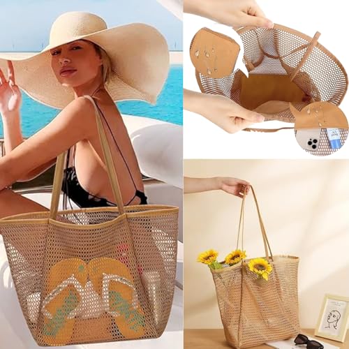 Image of Mesh Beach Tote Bags for Womens, Shoulder Handbag Hobo Pool Bags for Swimming Vacations Summer Essentials