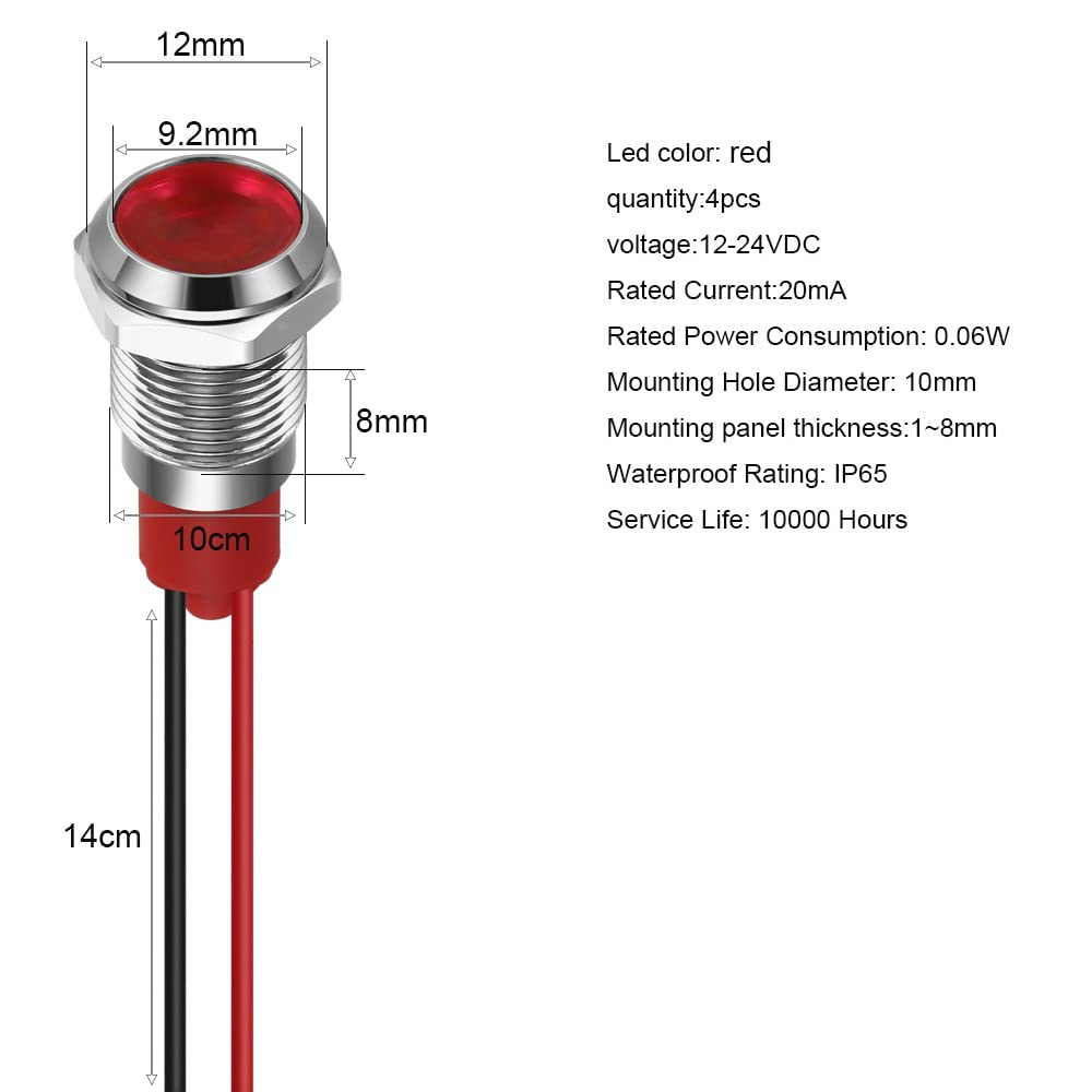 GUUZI 4 stuks 12V-24V RGB Triple (Rood Groen Blauw) Metalen LED- Indicatielampje 19mm Waterdichte Signaallamp met Draad