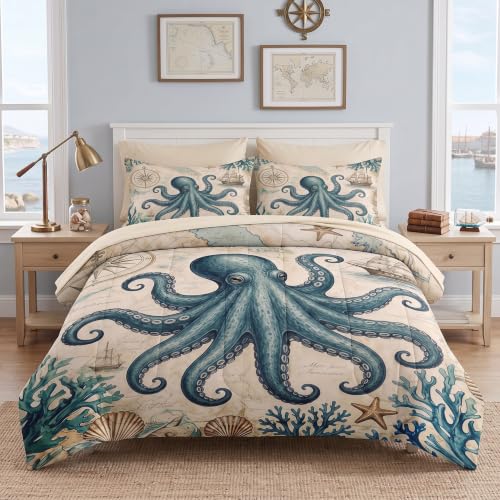 WeCozy Queen Comforter Set with Sheets, 7 Pieces Octopus Nautical Bedding
