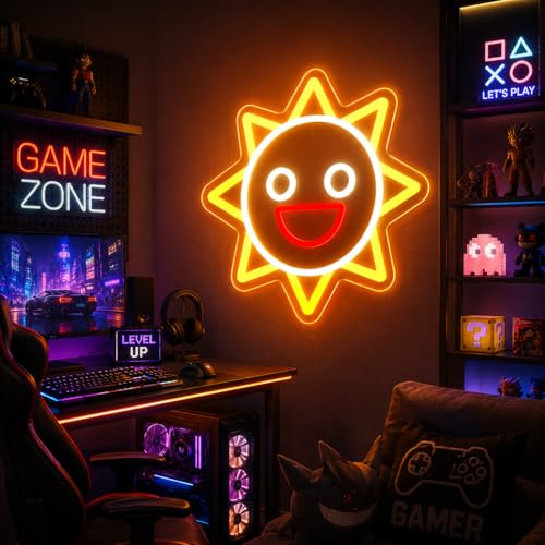 Image of Sun Neon Sign Game Neon Signs for Wall Decor, Dimmable LED Neon Lights for Bedroom Gaming Room Man Cave, USB Powered Acrylic Neon Light for Teens Boys Home Party Decor