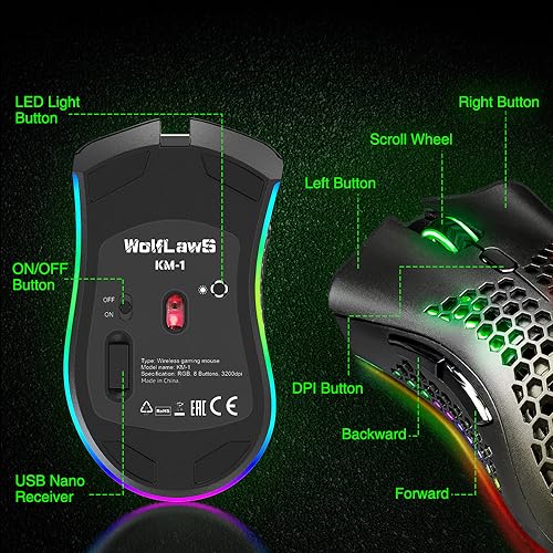 KM-1 Gaming Mouse, Wireless Mouse Gaming Computer Mice USB with Honeycomb Shell, 6 Programmed Buttons, 3 Adjustable DPI, Ergonomic RGB Optical Mouse for PC Mac Laptop - Image 7