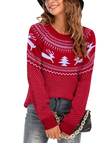 Image of Women's Long Sleeve Crewneck Casual Fall Winter Fair Isle Pullover Sweaters