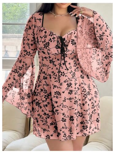 Image of Floerns Women's Plus Size Floral Gothic Dress Flare Long Sleeve Mesh Grunge A Line Dress