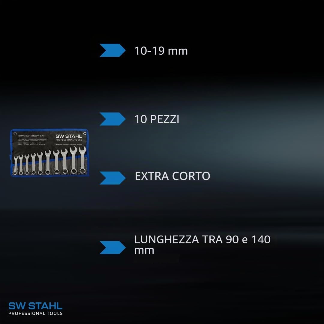 SW-Stahl Set di Chiavi a Forcella, 10-19 mm, Extra Corte, 10 Pezzi | In cromo vanadio opaco per punti difficili da raggiungere, lunghezza 90-140 mm, ideale per motori e climatizzazione