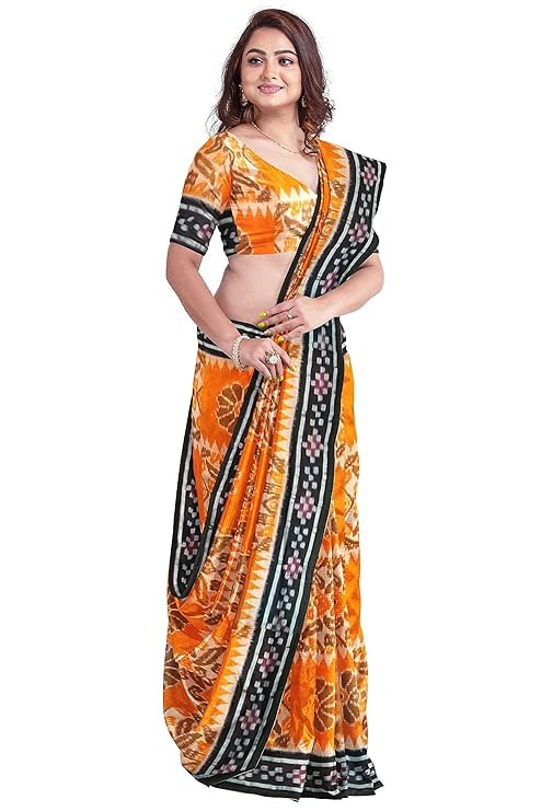 Image of Ikat Women's Cotton Saree, Handmade Pure Cotton Khandua Saree, Ikkat Orissa Traditional Handloom Saree without Blouse